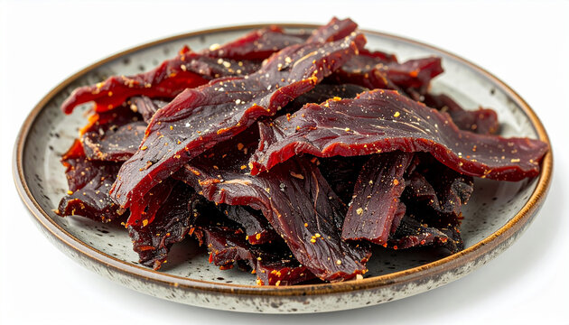 Top view of beef jerky on plate, isolated on white background, delicious meat snack, tasty food.