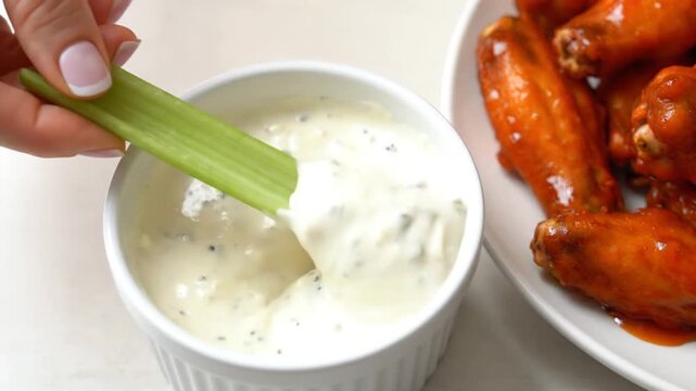 A person dips celery sticks into creamy ranch dressing with herbs, placed near buffalo chicken wings on a white surface, capturing the food preparation process.