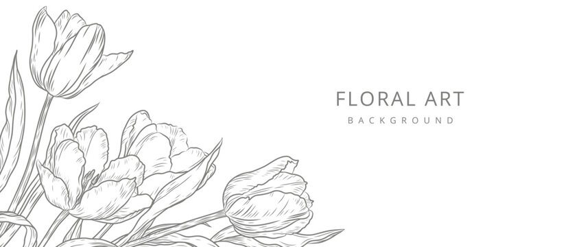 Floral background, frame of blooming tulips in line art style. Hand drawn flower corner. Elegant vector illustration for card, banner, print, cover, wedding invitation, packaging