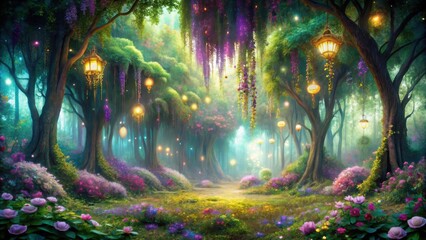 Obraz premium Enchanted Forest Path A Mystical Journey Through a Dreamlike Grove Illuminated by Hanging Lanterns and Blossoming Flora