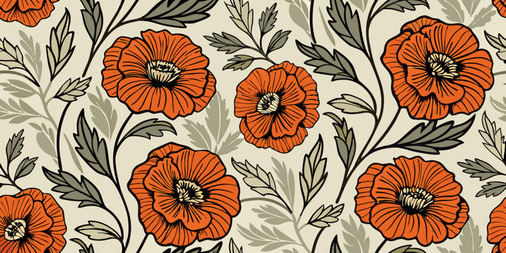 Vibrant poppy flowers and foliage create a repeating floral pattern