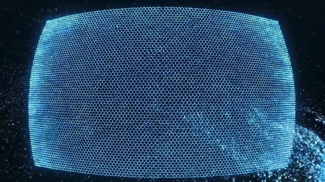 Abstract digital visualization of a glowing blue mesh dome transforming into a hexagonal grid structure with dynamic light particles flowing through a dark background