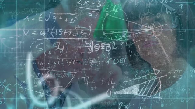 Animation of mathematical equations over diverse scientist in lab cityscape