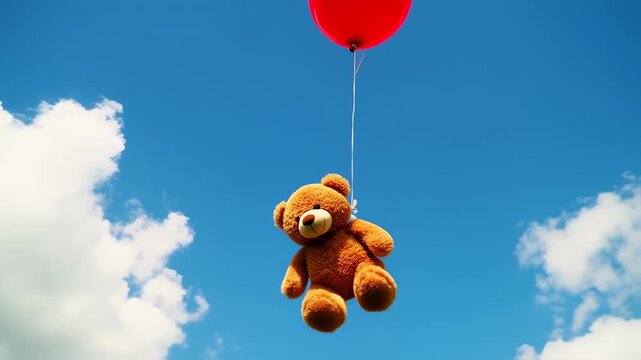 A teddy bear floats in the sky, attached to a red balloon against a blue sky