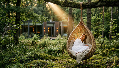 Young woman relaxing in hanging egg chair outside modern forest cabin
