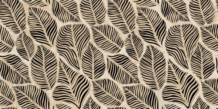 Abstract pattern of black leaves on a beige background texture