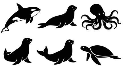 Obraz premium Marine Animals Silhouettes Set: Orca, Octopus, and Seals on White Background