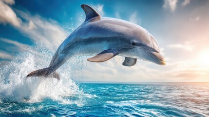 Playful dolphin leaping dynamically from the sparkling blue ocean surface against a vibrant sky