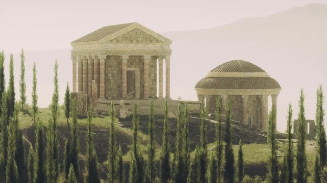 Ruins of ancient temples stand majestically on a hillside near Delphi, Greece, surrounded by tall green cypress trees under a soft sunset glow, showcasing historical architecture.