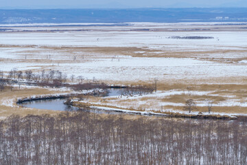 北海道 釧路湿原 細岡展望台から望む冬の雪原風景