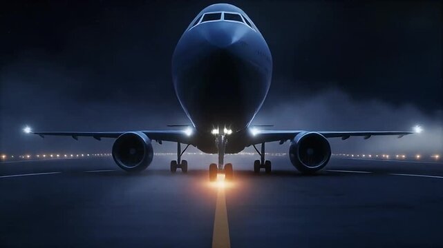 Dramatic Front View of Airplane on Runway at Night with Glowing Lights
