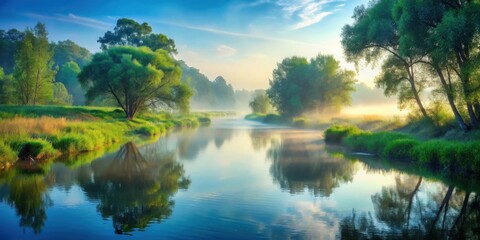 Obraz premium Serene Riverbank at Dawn Misty Reflections on Calm Waters, Lush Greenery, and Golden Sunlight Illuminating the Tranquil Scene