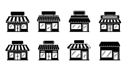 Obraz premium Minimalist Black Silhouette Shop Icons Simple Vector Storefronts with Awnings EPS10 Stock.eps