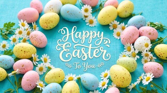 Bright Easter Eggs Arranged Around Happy Easter Message on Turquoise Background