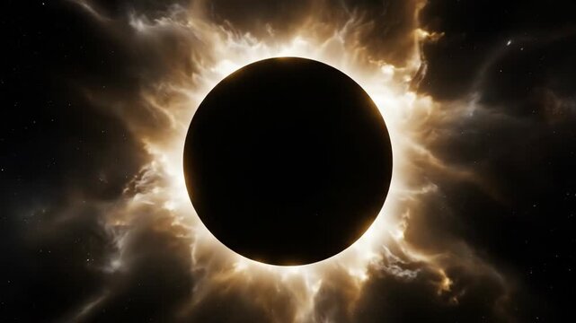 Solar eclipse progression showing the moon obscuring the sun, transitioning from partial coverage to totality with solar corona visible in the background