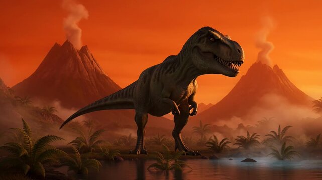 Tyrannosaurus rex in prehistoric landscape with active volcanoes and misty palm trees reflecting in a pond at sunset