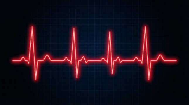 A vibrant red electrocardiogram line pulses steadily across a dark, grid-patterned medical monitor screen, depicting a healthy and consistent heart rhythm.