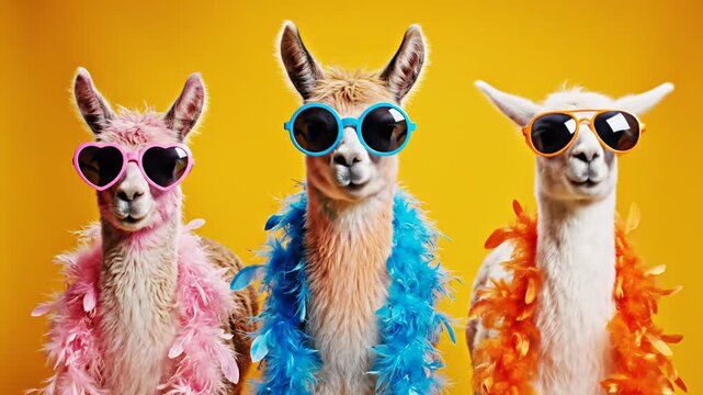 Three Llamas Wearing Sunglasses and Feathered Scarves.