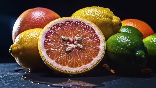 Citrus fruits assortment with close up of sliced grapefruit on dark background