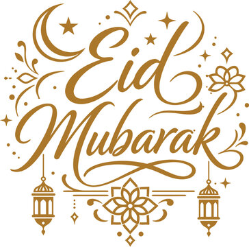 Elegant golden Eid Mubarak typography vector design with Islamic ornaments.eps