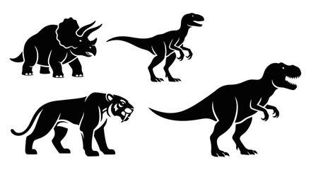 Prehistoric Animal Silhouettes: Dinosaurs and Saber-toothed Tiger Vector Set
