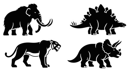 Naklejka premium Prehistoric Animal Silhouettes: Mammoth, Stegosaurus, Saber-toothed Tiger, Triceratops Icons