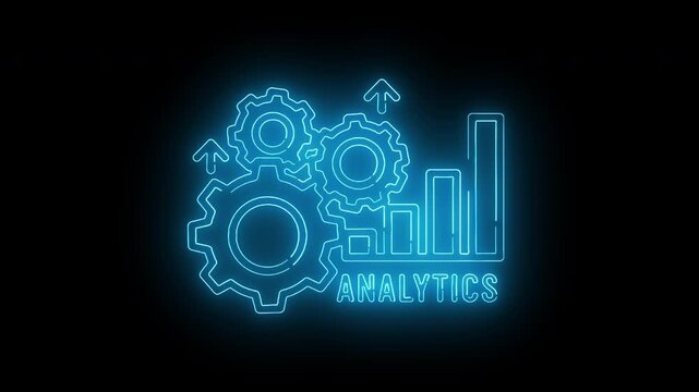 Neon-lit illustration of gears, bar graphs, and analytics text on a black background with blue glow.