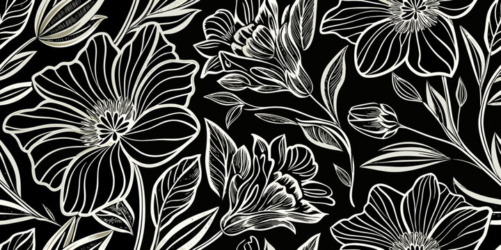 Elegant floral pattern with white outlines on a black background