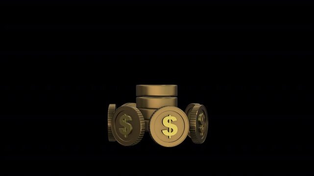 Dollar coin stack animation icon with smooth 6 second motion and transparent background. Ideal for finance apps, banking visuals, investment content, savings concepts, and wealth growth graphics.