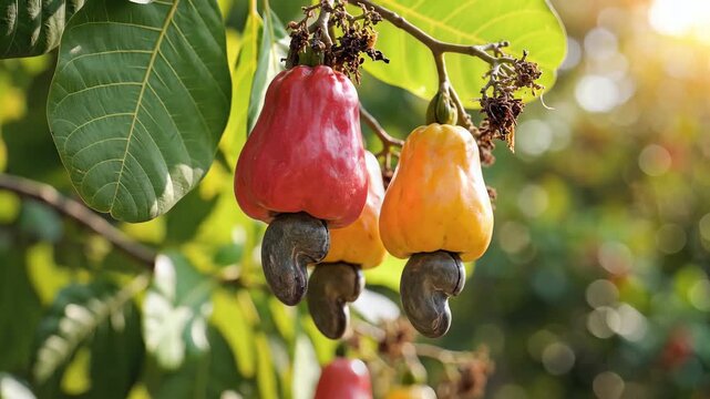 Close up of cashew fruits hanging on a tree branch with sunlight