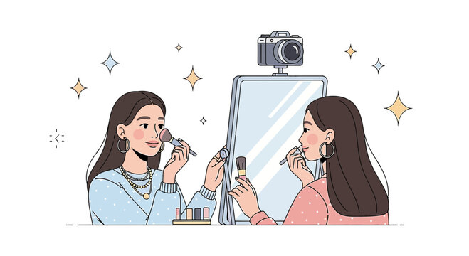 Woman Applying Makeup Reflecting in Mirror with Camera