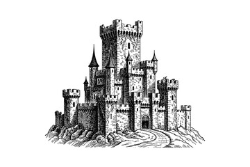 Fototapeta premium Medieval castle drawing with detailed gothic architecture