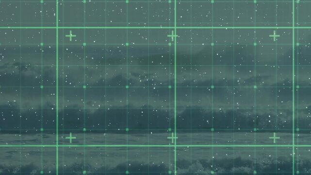 Animation of snow falling over grid and waves in sea