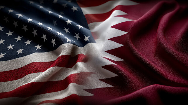 Cultural exchange celebration usa and qatar flags textile art studio environment elevated viewpoint unity concept