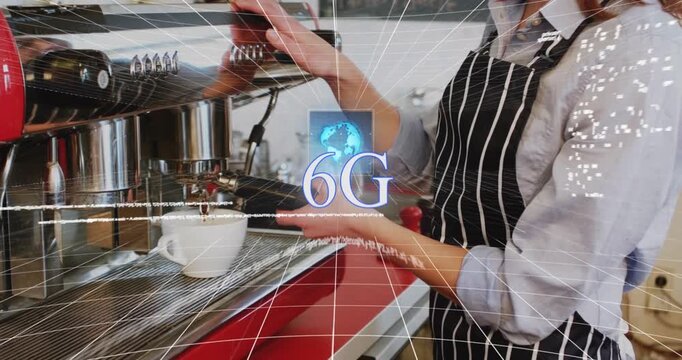 Animation of database, illuminated globe, 6g text over caucasian barista preparing coffee at cafe