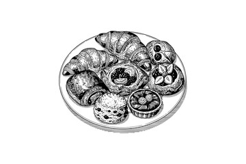 Hand drawn assorted pastries on plate: detailed black and white bakery art