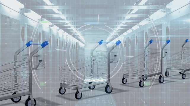 Animation of data processing over shopping carts and server room