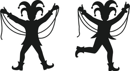 Festive Mardi Gras jester silhouettes holding beads, joyful carnival performers i, dancing celebration figures, whimsical entertainment art, playful fantasy illustration for holiday design