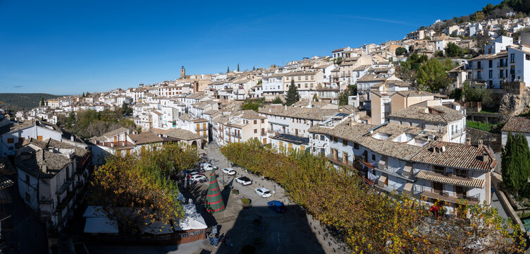 Cazorla town square panorama with Christmas tree, Jaen, Spain