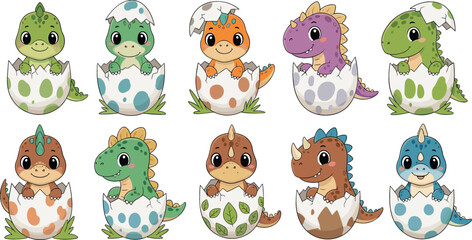 Cute Baby Dinosaurs Hatching from Eggs Illustration Set with Cartoon T Rex and Triceratops Characters for Kids Nursery Design © Sanjida