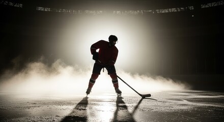 Fototapeta premium A dynamic silhouette of a hockey player in action, highlighted by dramatic backlighting and misty atmosphere. Generative AI.