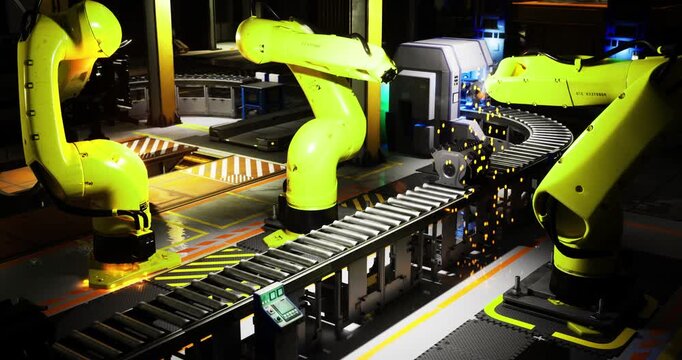 Robotic arms with vibrant yellow covers are actively assembling components on a conveyor belt in a high tech industrial facility during nighttime.