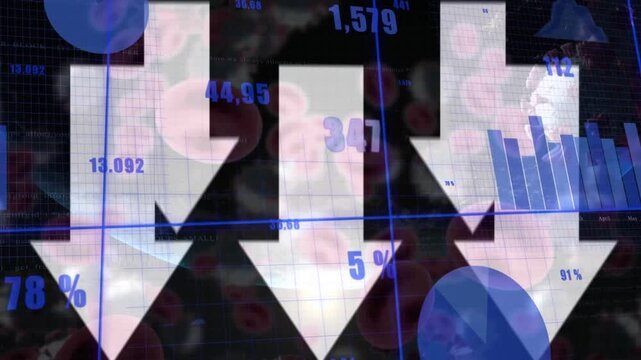 Animation of arrow moving downwards and data processing against blood vessels and covid-19 cells