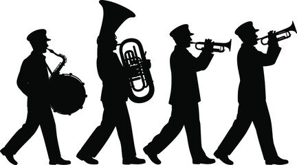 Marching Band Silhouette Vector Illustration with Musicians Playing Drum, Tuba, and Trumpet in Parade Performance Isolated on Light Background © MSTALIFNUR