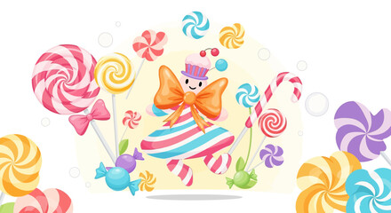 Fototapeta premium Whimsical Candy Character Surrounded by Colorful Swirl Lollipops and Sweets