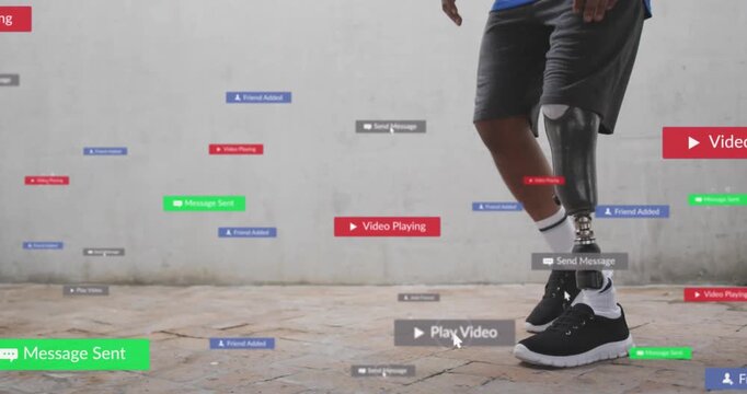 Animation of notification bars over african american man with prosthetic leg standing on path