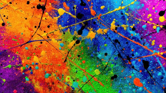 Vibrant abstract paint splatters across a dynamic textured canvas with energetic color fusion