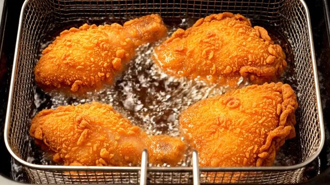 Golden brown crispy chicken legs being deep fried in hot bubbling oil inside a metal basket, creating a delicious and tempting meal