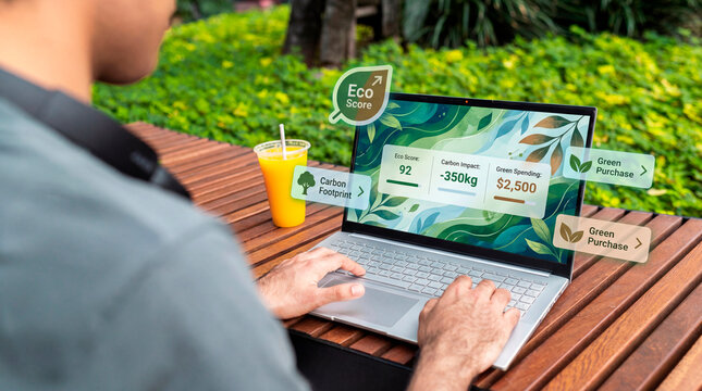 Eco conscious man tracking sustainable impact score