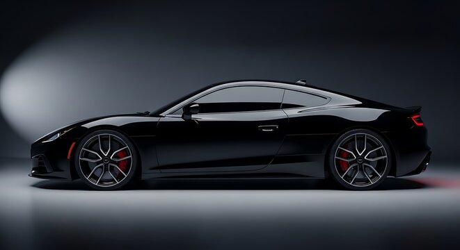 Sleek black sports car with red brake calipers on studio gray background with dramatic lighting